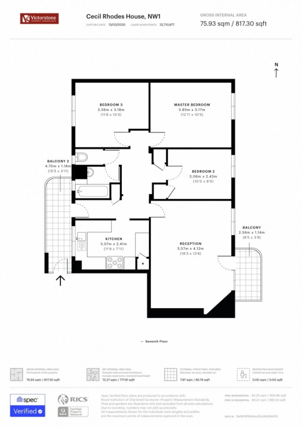 Floor Plan for 3 Bedroom Flat for Sale in Cecil Rhodes House Pancras Road,  Kings Cross, NW1, NW1, 1UG - Guide Price &pound599,999