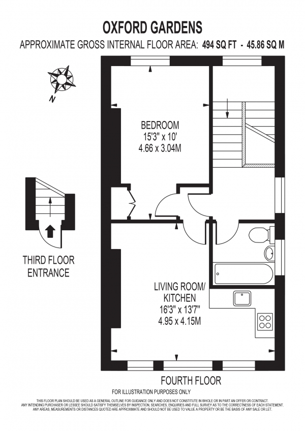 Floor Plan for 1 Bedroom Flat to Rent in OXFORD GARDENS, LADBROKE GROVE, W10, 5UH - £300  pw | £1300 pcm