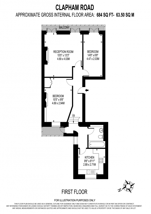Floor Plan for 2 Bedroom Flat to Rent in CLAPHAM ROAD, OVAL, Oval, SW9, 0JJ - £370  pw | £1603 pcm