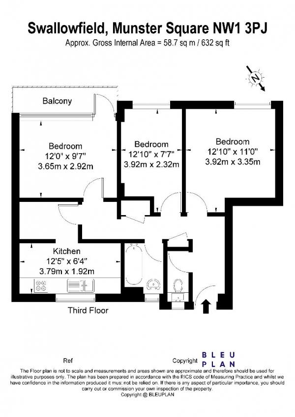Floor Plan Image for 3 Bedroom Flat to Rent in Swallowfield, Munster Square, London