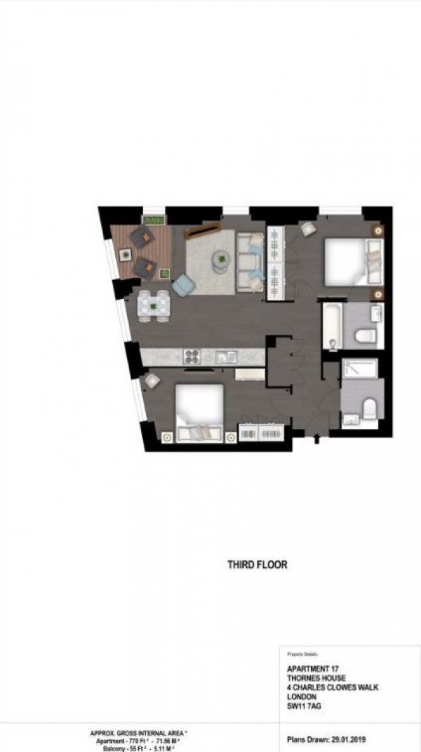Floor Plan for 2 Bedroom Apartment to Rent in , Thornes House,  Charles Clowes Walk, London, SW11, 7AG - £945 pw | £4095 pcm