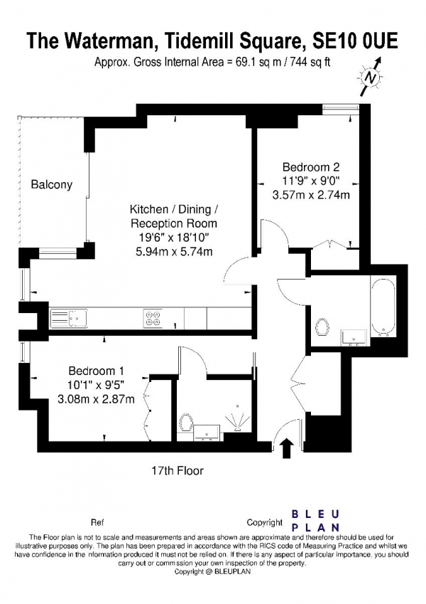 Floor Plan for 2 Bedroom Apartment for Sale in The Waterman Building, Tidemill Square, SE10, 0UE -  &pound700,000