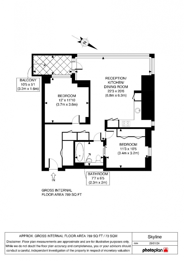 Floor Plan for 2 Bedroom Apartment for Sale in Skyline Apartments, Devan Grove, London, N4, 2GL -  &pound675,000