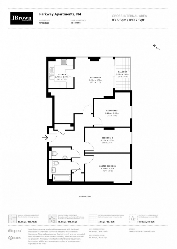 Floor Plan Image for 3 Bedroom Apartment to Rent in Parkway Apartments, Goodchild Road, London, N4