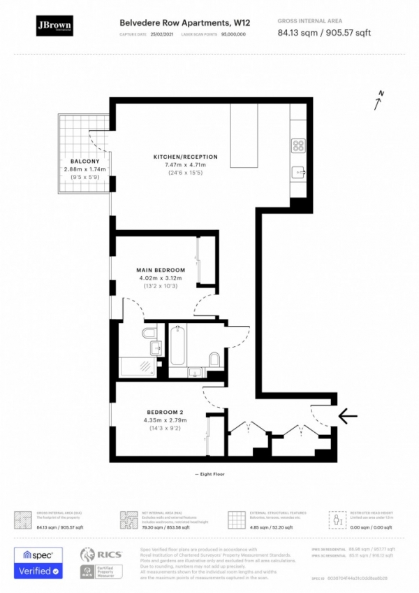 Floor Plan for 2 Bedroom Apartment to Rent in  Belvedere Row Apartments, Fountain Park Way, London, W12, Fountain Park Way, W12, 7JF - £577 pw | £2500 pcm