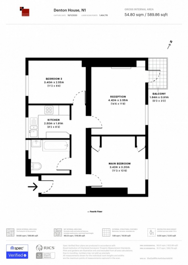 Floor Plan Image for 2 Bedroom Flat to Rent in Denton House Bingham Court, Halton Rd, Islington, N1