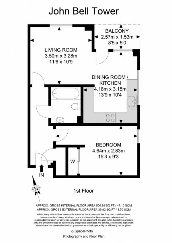 Floor Plan for 1 Bedroom Flat to Rent in John Bell Tower 3 Pancras Way,  Bow, E3, E3, 2SS - £280  pw | £1213 pcm