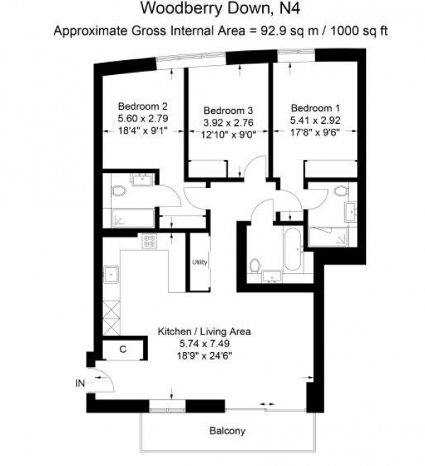 Floor Plan Image for 3 Bedroom Flat to Rent in Sandpiper Building 44 Newnton Close,  Finsbury Park, N4