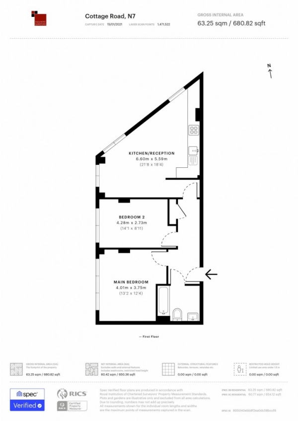 Floor Plan Image for 2 Bedroom Flat to Rent in Cottage Road,  Islington, N7