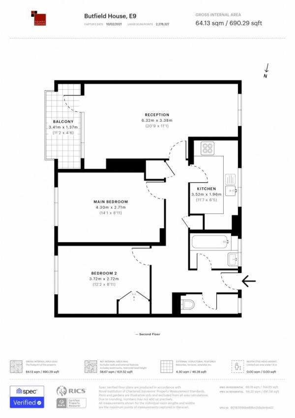 Floor Plan Image for 2 Bedroom Flat to Rent in Butfield House Stevens Avenue,  Hackney, E9