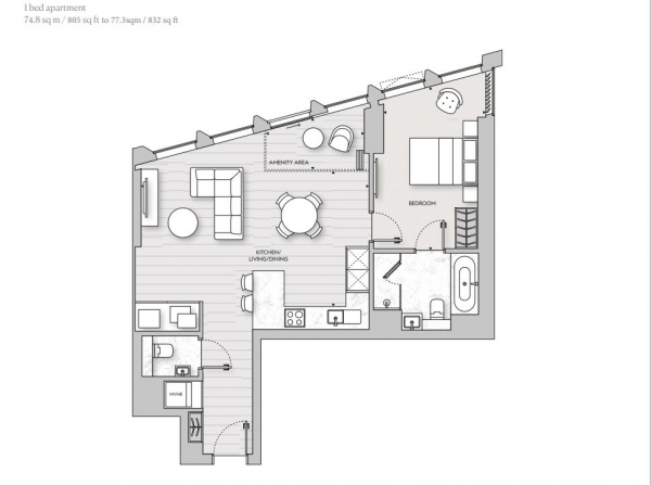 Floor Plan for 1 Bedroom Apartment to Rent in Thames City Carnation Way, London, London, SW8, 5FR - £1038 pw | £4500 pcm