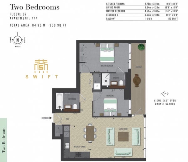 Floor Plan for 2 Bedroom Apartment to Rent in Merino Garden, London, E1W, 2DG - £831 pw | £3600 pcm