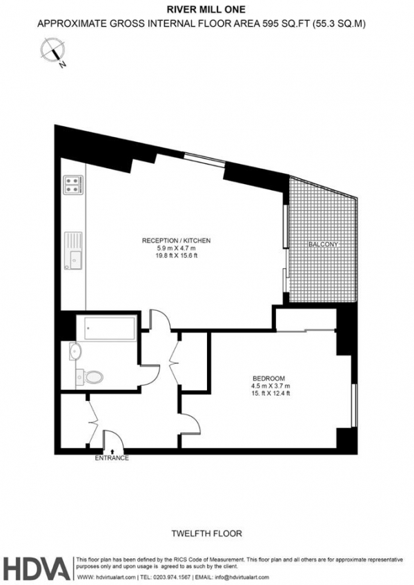 Floor Plan for 1 Bedroom Apartment to Rent in River Mill One, Station Road, London, London, SE13, 5FL - £438 pw | £1900 pcm