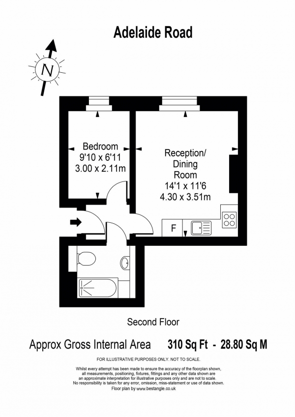 Floor Plan for 1 Bedroom Apartment to Rent in Adelaide Road, Chalk Farm, NW3, Chalk Farm, NW3, 3QB - £404 pw | £1750 pcm