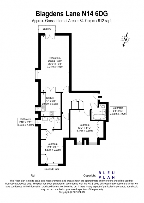 Floor Plan Image for 2 Bedroom Apartment to Rent in Blagdens Lane, Southgate, N14