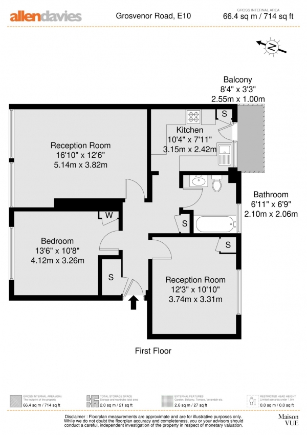 Floor Plan for 2 Bedroom Flat for Sale in Grosvenor Road, Leyton, E10, Leyton, E10, 6LQ - Guide Price &pound350,000