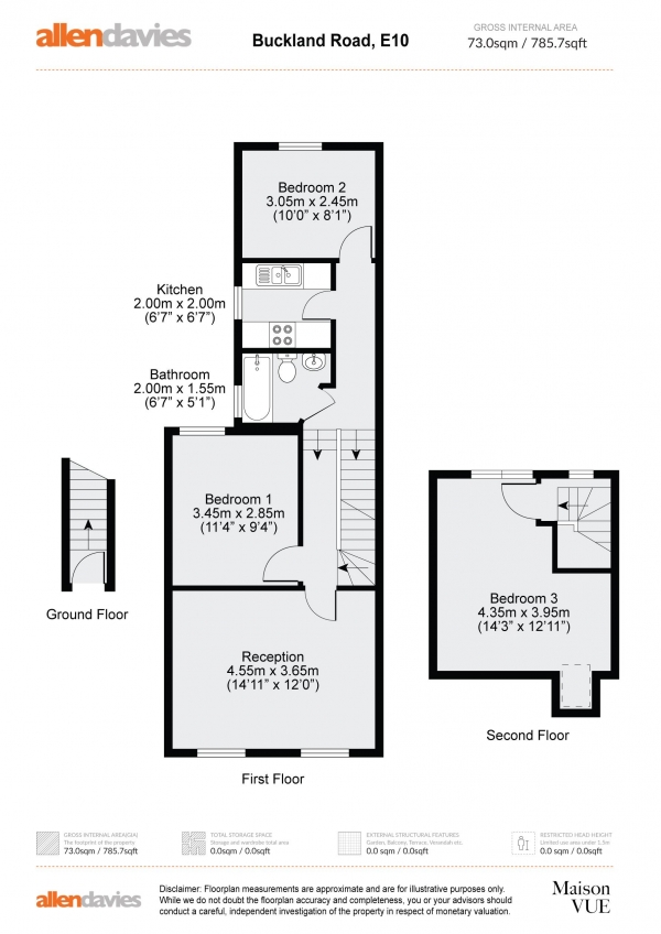 Floor Plan Image for 3 Bedroom Flat for Sale in Buckland Road, Leyton, E10