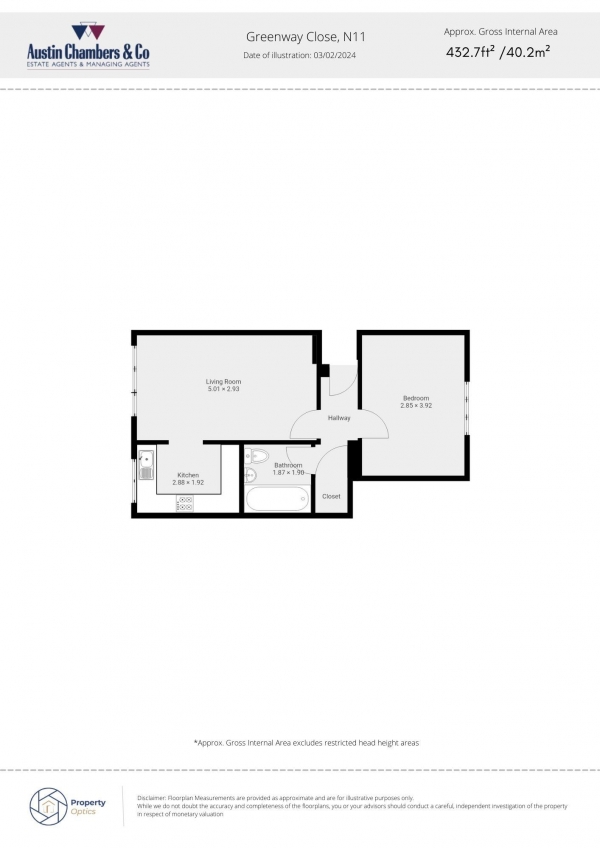 Floor Plan for 1 Bedroom Flat for Sale in Greenway Close, London, N11, 3NS - OIRO &pound240,000