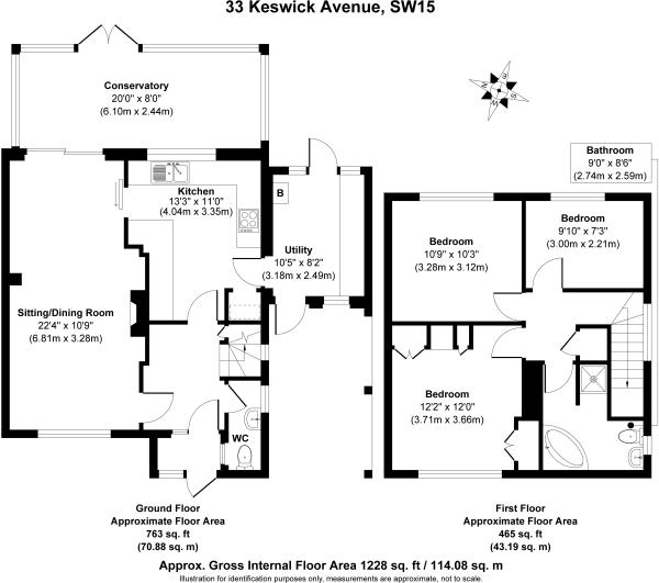 Floor Plan Image for 3 Bedroom End of Terrace House for Sale in Keswick Avenue, London, SW15