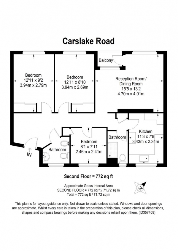 Floor Plan Image for 3 Bedroom Apartment for Sale in Carslake Road, London, London