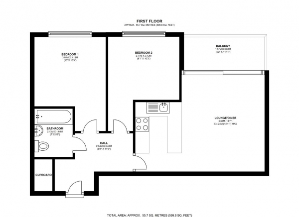 Floor Plan Image for 2 Bedroom Apartment to Rent in Bassett House, 3 Durnsford Road, Wimbledon