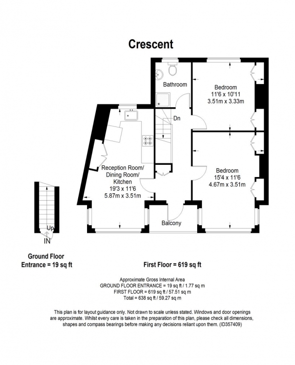 Floor Plan Image for 2 Bedroom Apartment to Rent in The Crescent, First Floor Flat, London