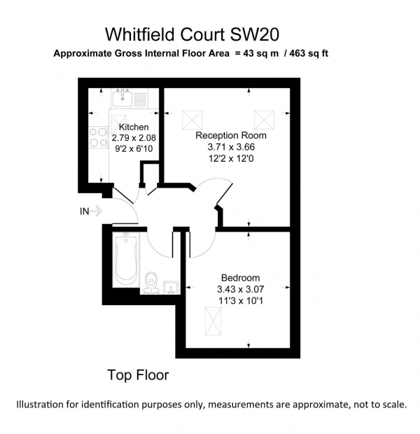 Floor Plan for 1 Bedroom Apartment for Sale in Whitfield Court, 508 Kingston Road, Wimbledon, SW20, 8DT -  &pound275,000