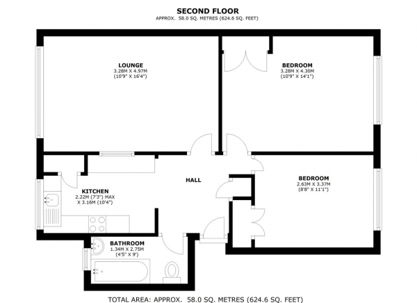 Floor Plan Image for 2 Bedroom Apartment to Rent in Turner Lodge, Windlesham Grove, Southfields