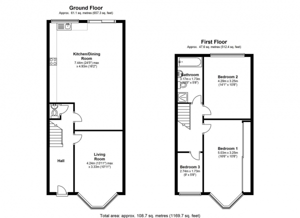 Floor Plan Image for 3 Bedroom Terraced House to Rent in Stuart Road, Wimbledon Park