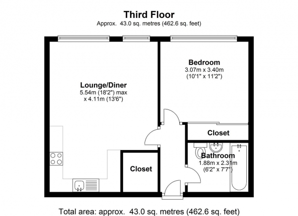 Floor Plan for 1 Bedroom Apartment to Rent in Flat G, Ibex House, Arthur Road, Wimbledon Park, SW19, 8AQ - £404 pw | £1750 pcm