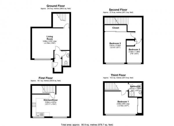 Floor Plan Image for 3 Bedroom Terraced House to Rent in Linstead Way, Southfields