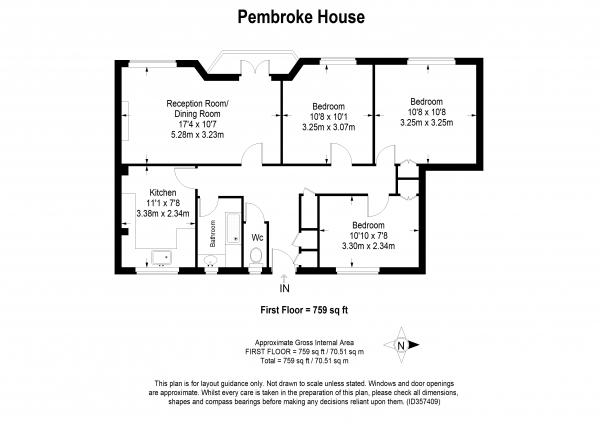 Floor Plan for 3 Bedroom Apartment to Rent in Pembroke House, Toland Square, Roehampton, SW15, 5PB - £391 pw | £1695 pcm