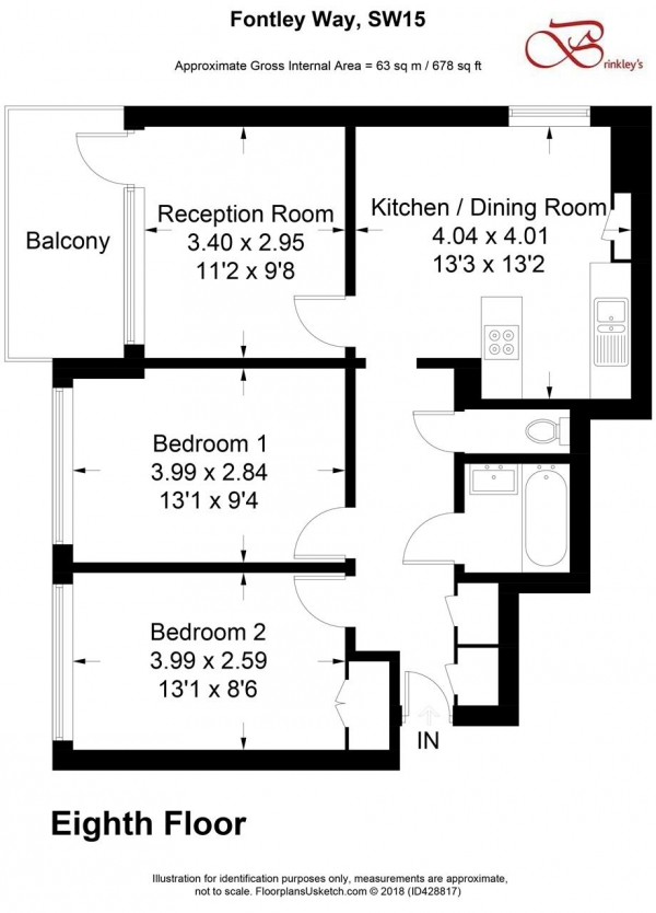 Floor Plan Image for 2 Bedroom Apartment to Rent in Rushmere House, Fontley Way, Roehampton