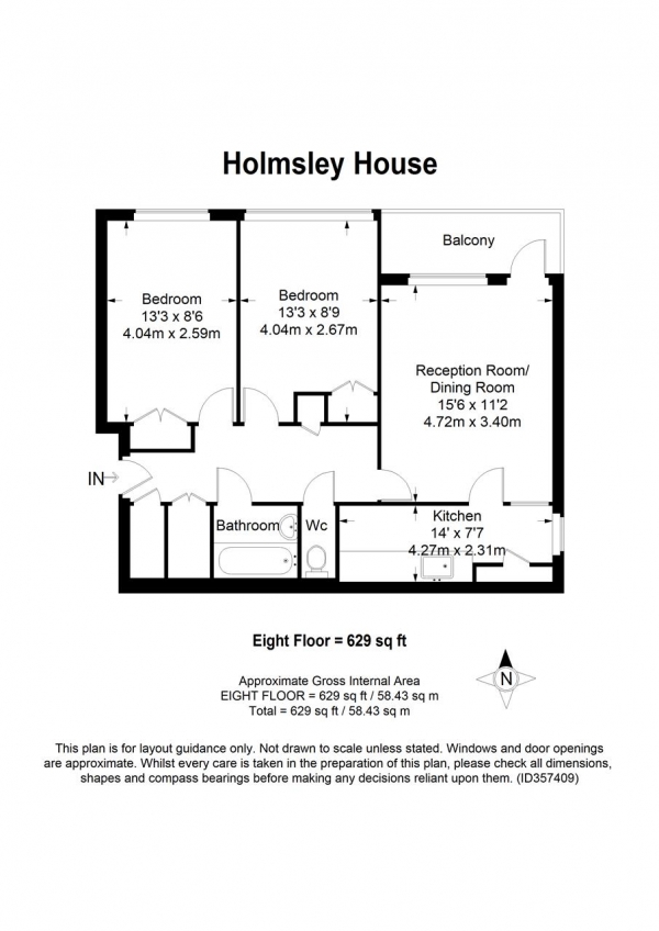 Floor Plan Image for 2 Bedroom Apartment for Sale in Holmsley House, Tangley Grove, Roehampton