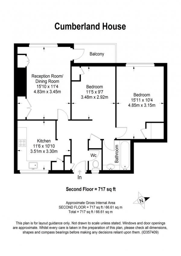 Floor Plan Image for 2 Bedroom Apartment for Sale in Cumberland House, Kingston Hill, Kingston