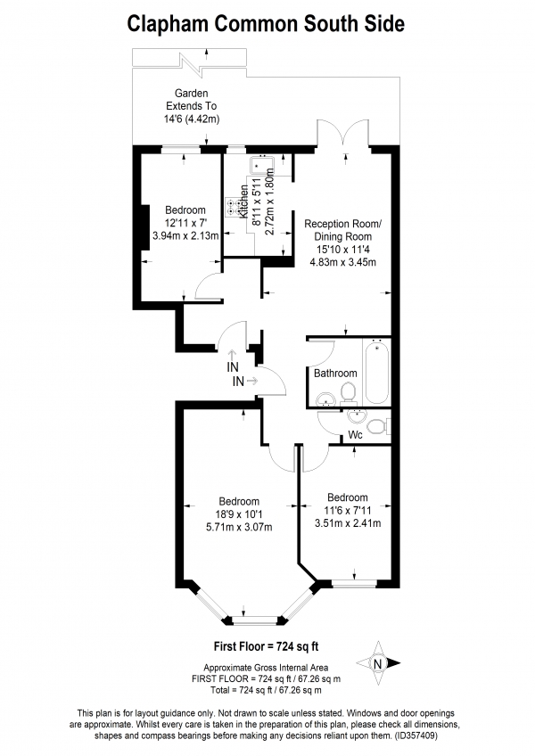 Floor Plan Image for 3 Bedroom Apartment to Rent in Clapham Common South Side, London