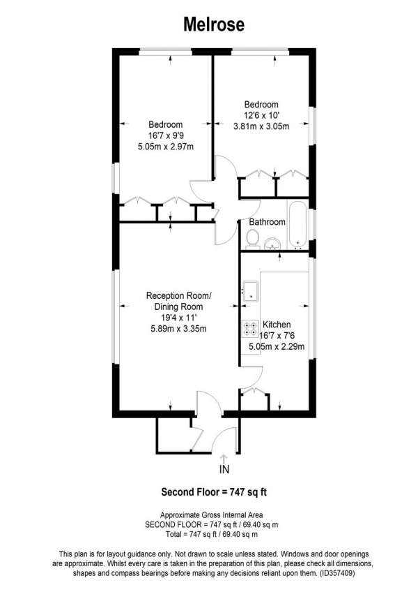 Floor Plan for 2 Bedroom Apartment to Rent in Melrose Court, 44 Melrose Road, Southfields, SW18, 1LZ - £335 pw | £1450 pcm