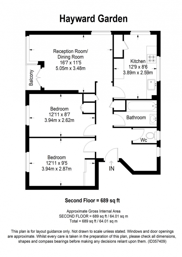 Floor Plan for 2 Bedroom Apartment to Rent in Hayward Gardens, London, SW15, 3BX - £335 pw | £1450 pcm