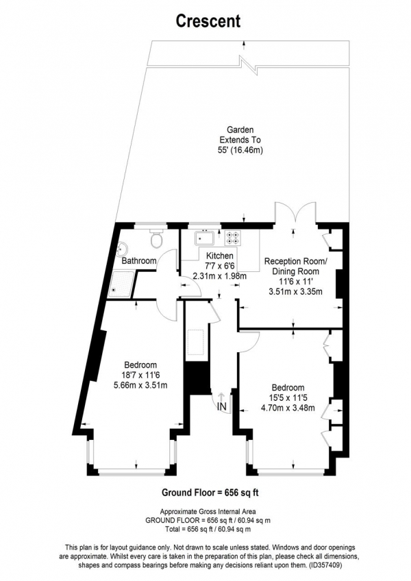 Floor Plan for 2 Bedroom Apartment to Rent in The Crescent, Ground Floor Flat, London, SW19, 8AN - £427 pw | £1850 pcm