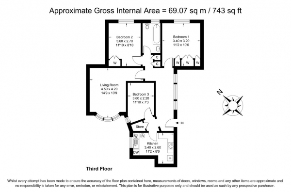 Floor Plan for 3 Bedroom Apartment to Rent in Wellwood Court, Upper Richmond Road, London, SW15, 6JH - £531 pw | £2300 pcm