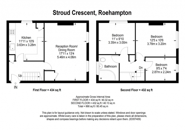 Floor Plan for 3 Bedroom Apartment to Rent in Stroud Crescent, London, SW15, 3EH - £404 pw | £1750 pcm