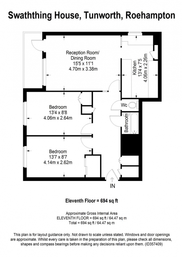 Floor Plan for 2 Bedroom Apartment to Rent in Swathyling House, Tunworth Crescent, London, SW15, 4PQ - £322 pw | £1395 pcm