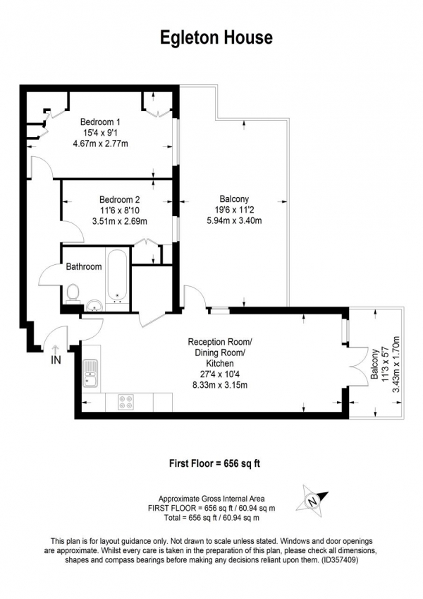 Floor Plan Image for 2 Bedroom Apartment to Rent in Egleton House, 230 Roehampton Lane, London