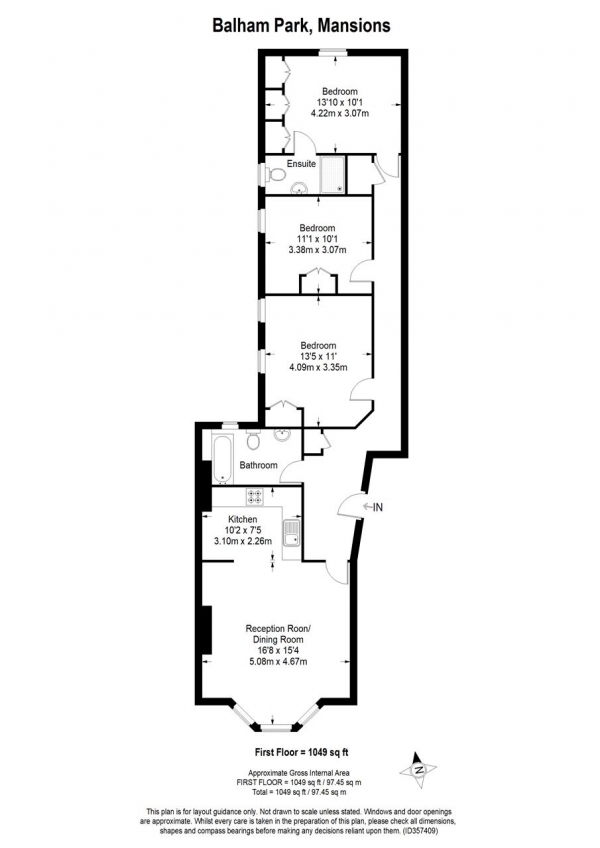 Floor Plan Image for 3 Bedroom Apartment to Rent in Balham Park Mansions, 70 Balham Park Road, London