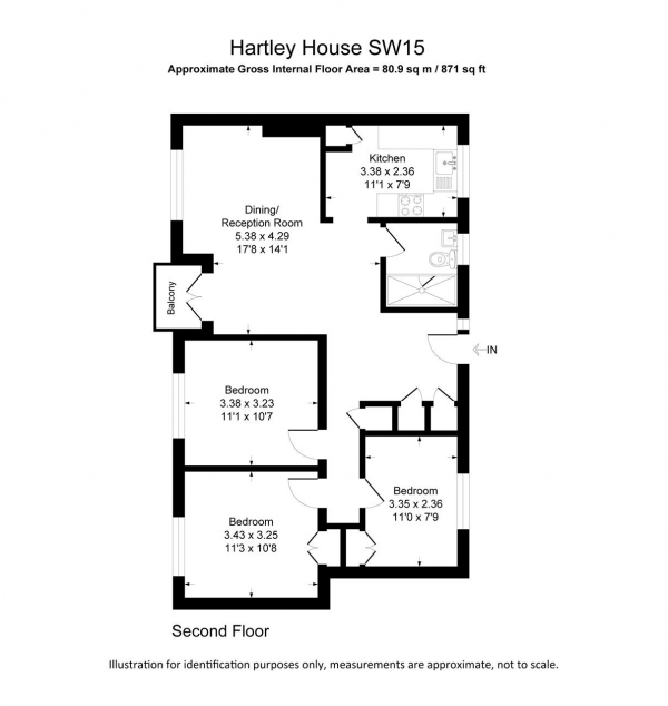 Floor Plan Image for 3 Bedroom Apartment for Sale in Hartley House, Toland Square, Putney
