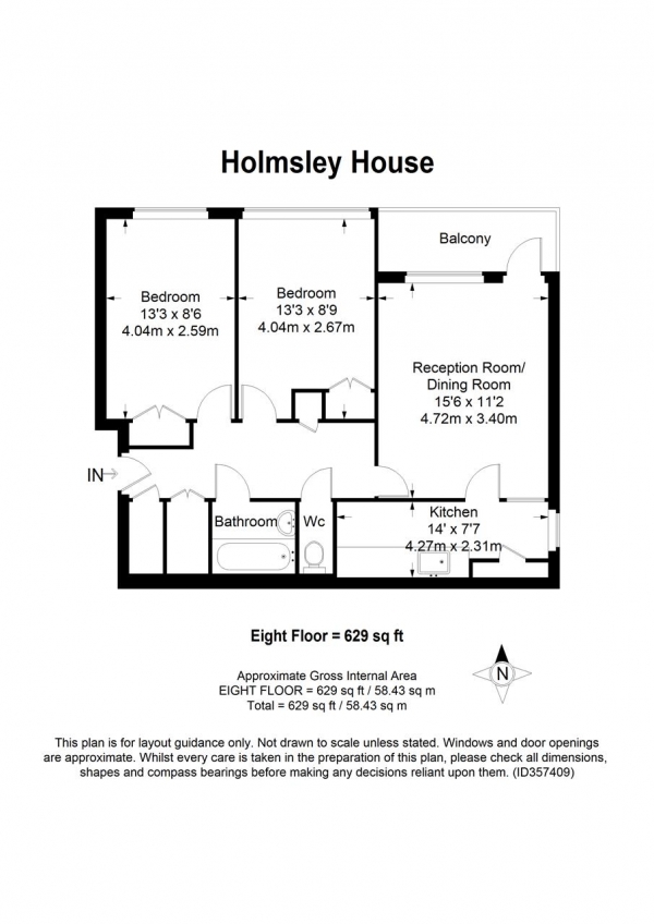 Floor Plan for 2 Bedroom Apartment to Rent in Redenham House, Tangley Grove, Roehampton, SW15, 4DW - £404 pw | £1750 pcm