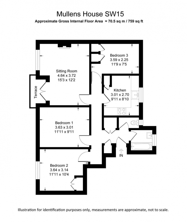 Floor Plan for 3 Bedroom Apartment for Sale in Mullens House, Whitnell Way, Putney, SW15, 6DA -  &pound435,000