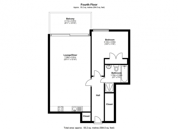 Floor Plan for 1 Bedroom Apartment to Rent in Swish Apartments, 73-75 Upper Richmond Road, Putney, SW15, 2SR - £381 pw | £1650 pcm