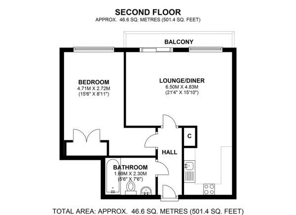 Floor Plan for 1 Bedroom Apartment to Rent in The Glass House, 55 Lacy Road, Putney, SW15, 1PR - £358 pw | £1550 pcm