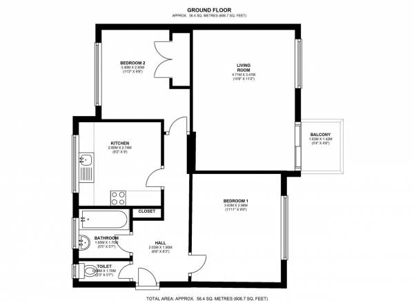 Floor Plan Image for 2 Bedroom Apartment to Rent in Ducie House, Whitnell Way, London